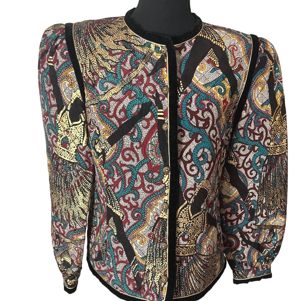 Vtg Aquascutum London quilted‎ Silk Maximalist Paisley Gold Metallic Jacket 80s